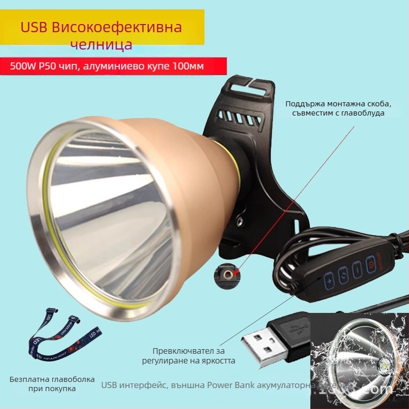 LED челна лампа, USB презареждаема, 5V, монтирана на глава, далекобойност ≥500 м, време на осветяване 8 ч, подходяща за нощен риболов и къмпинг