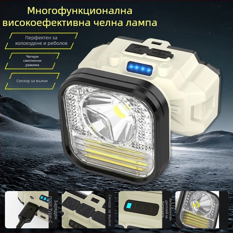 Индукционен челник за глава, 1200mAh батерия, LED и крушка, глава-монтиран велосипеден фенер, обхват 50–100 м, за къмпинг и нощен риболов