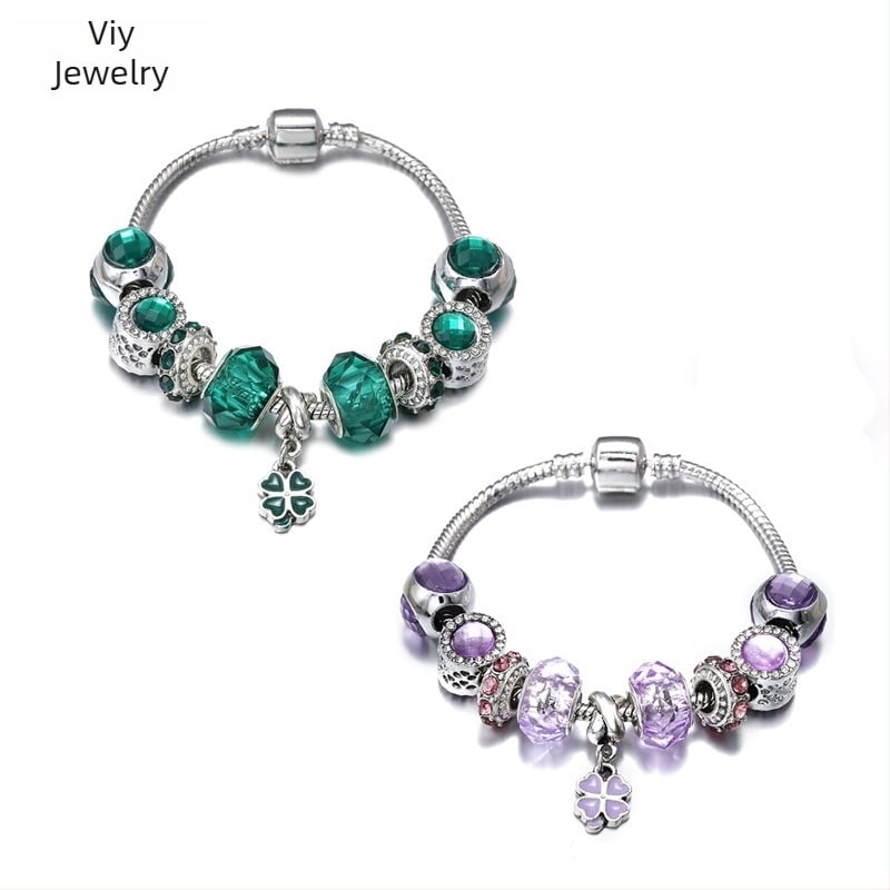 Гривна с четирилистна детелина Панжа, DIY мъниста с голям отвор, бижута от мед и сплав, инкрустирани полускъп камъни