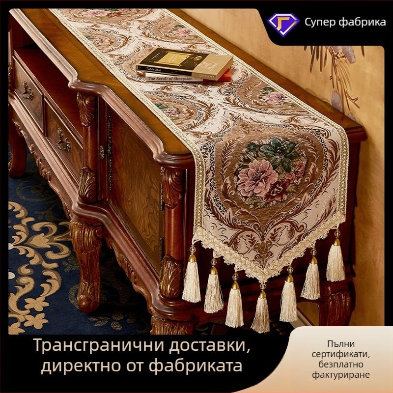 Европейски стил настилка за маса от лен и чениел, флорална дантела, жълт или син дизайн, устойчива на петна и против приплъзване, подходяща за дневна.
