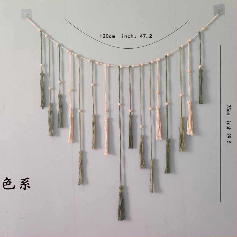 Фото гоблен за стена в скандинавски стил, памучно въжено тъкано със дървени мъниста, листен модел, пискюл