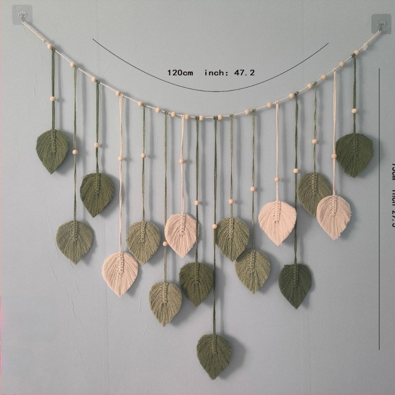 Фото гоблен за стена в скандинавски стил, памучно въжено тъкано със дървени мъниста, листен модел, пискюл