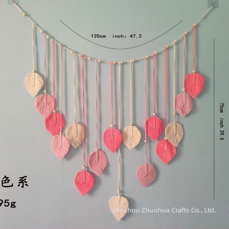 Фото гоблен за стена в скандинавски стил, памучно въжено тъкано със дървени мъниста, листен модел, пискюл