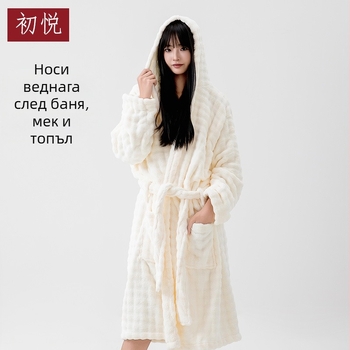 Дамски халат за баня с качулка, дълъг ръкав, коралов флис, 100% полиестер, зимна топлина, тегло 860 г