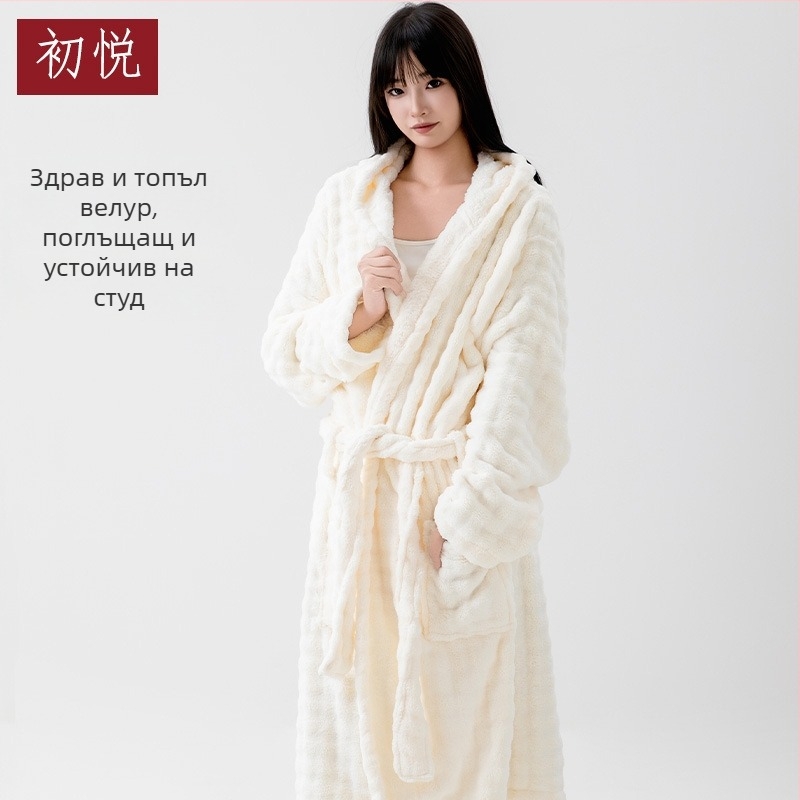 Дамски халат за баня с качулка, дълъг ръкав, коралов флис, 100% полиестер, зимна топлина, тегло 860 г