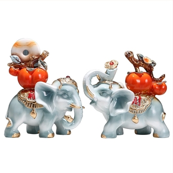 Двойка слонови фигури от синтетична смола, китайски стил, декоративна композиция за дневна, подарък за нов дом