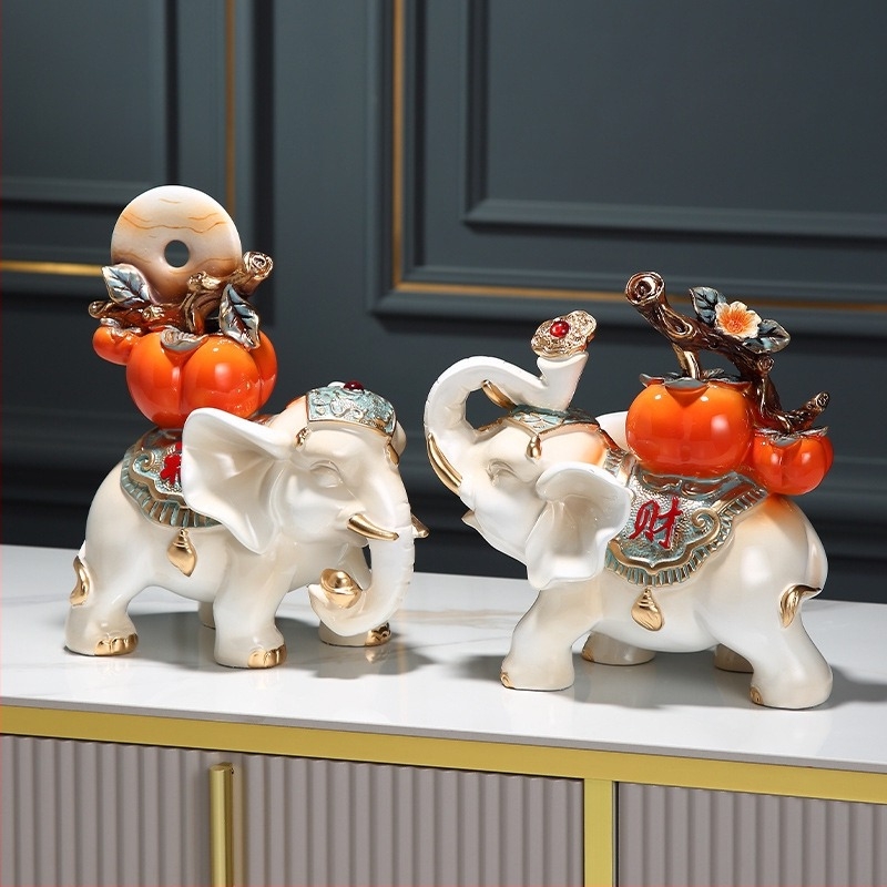 Двойка слонови фигури от синтетична смола, китайски стил, декоративна композиция за дневна, подарък за нов дом