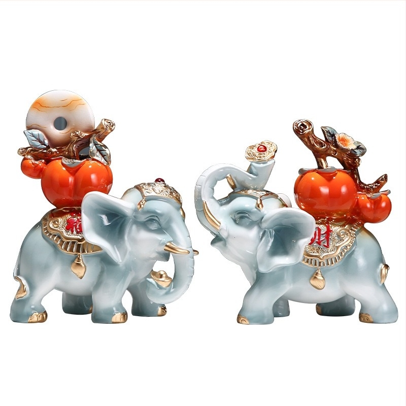 Двойка слонови фигури от синтетична смола, китайски стил, декоративна композиция за дневна, подарък за нов дом