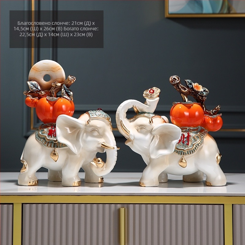 Двойка слонови фигури от синтетична смола, китайски стил, декоративна композиция за дневна, подарък за нов дом