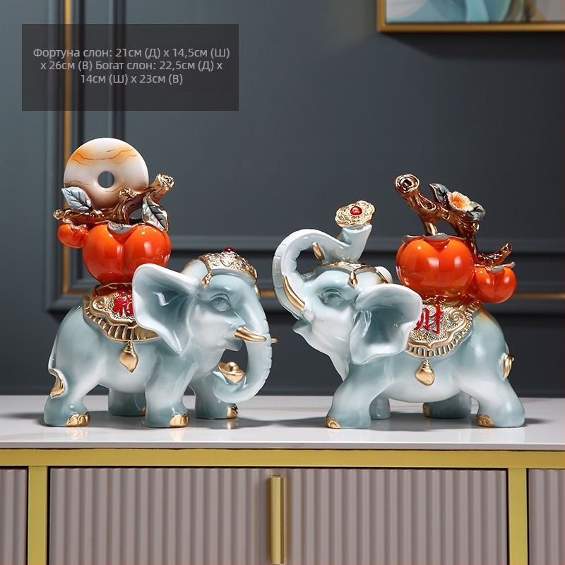 Двойка слонови фигури от синтетична смола, китайски стил, декоративна композиция за дневна, подарък за нов дом