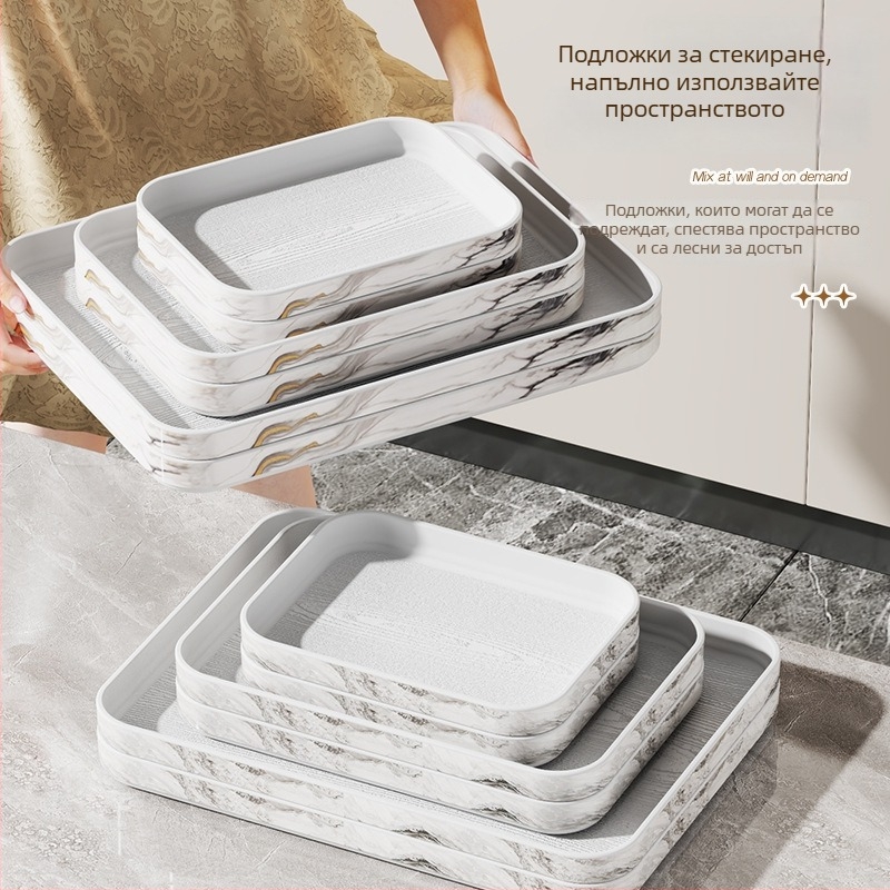 Поднос за експозиция с имитация на мрамор и ивици, квадратен пластмасов поднос за баня, луксозна организация на съхранение