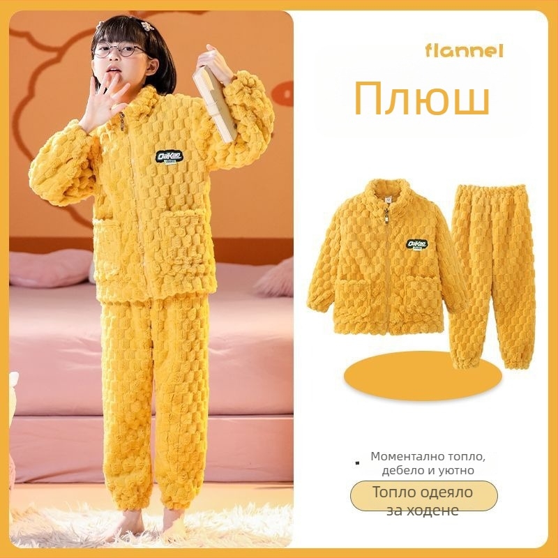 Детски зимен фланелен комплект с цип, райета, полиестер 95%+, дълъг ръкав, бързо съхнене