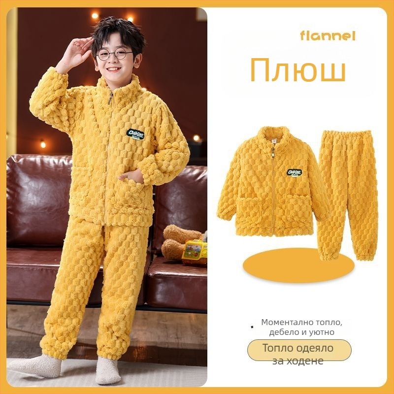 Детски зимен фланелен комплект с цип, райета, полиестер 95%+, дълъг ръкав, бързо съхнене