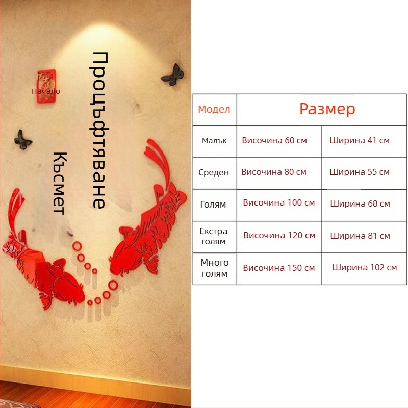 3D акрилна стенна стикер картина – китайски стил щастлива риба за вход, всекидневна и ресторант (текстов модел)