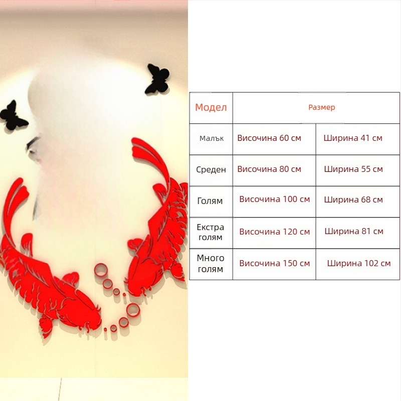 3D акрилна стенна стикер картина – китайски стил щастлива риба за вход, всекидневна и ресторант (текстов модел)