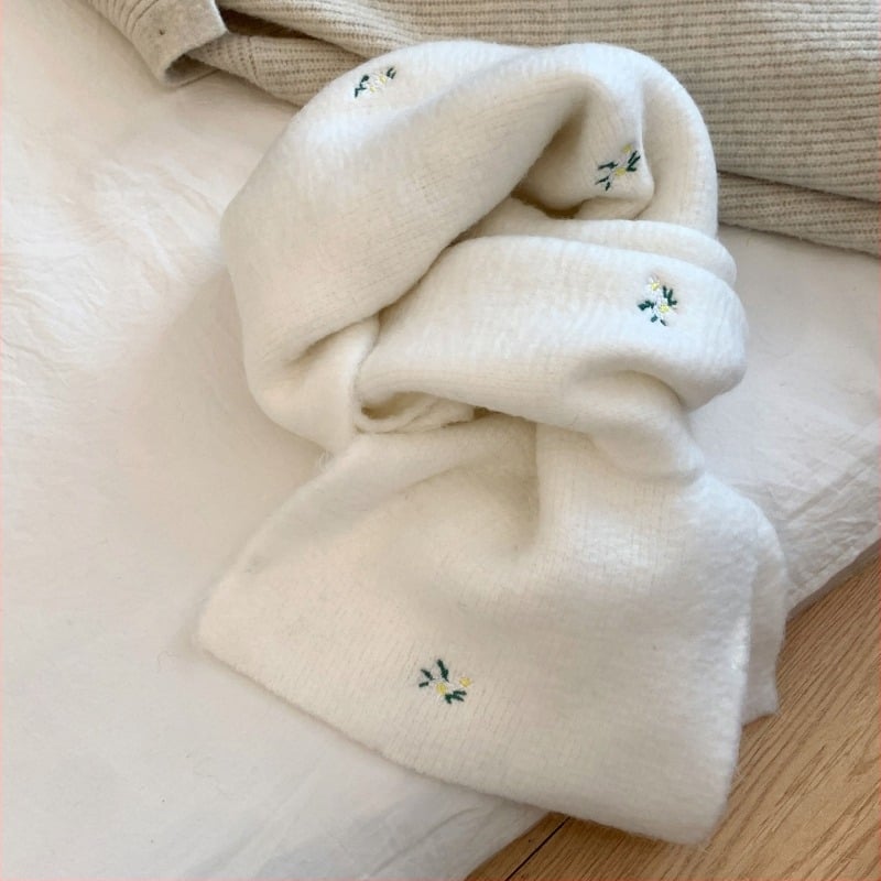 Корейски стил шал с флорална бродерия, вълнен плетен шал, топло през зимата, свеж и сладък стил