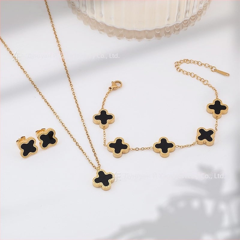 Комплект бижута: четирилистна детелина, колие, гривна и обици, от титиева стомана, О-образна верига, електроплатиране