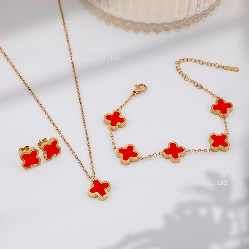 Комплект бижута: четирилистна детелина, колие, гривна и обици, от титиева стомана, О-образна верига, електроплатиране