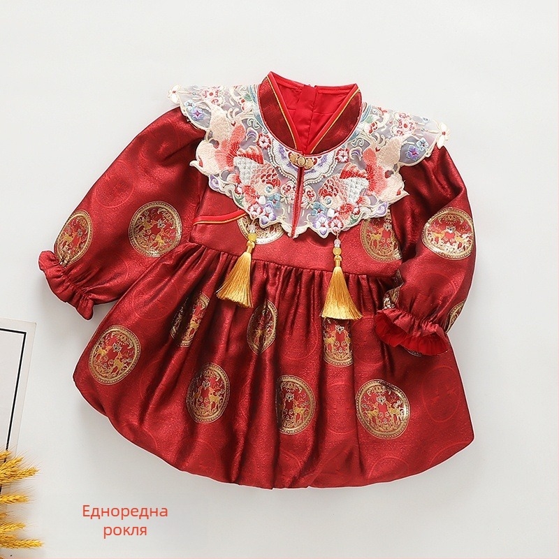 Детска рокля в китайски стил Танг костюм за първи рожден ден — модел koi, подплата от полиестер, плат регенерирана целулоза, есенно издание 2025, за възраст 1–3 години