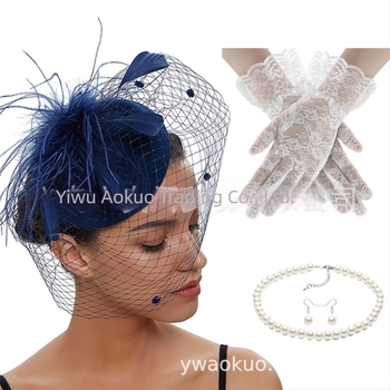 Булчински ретро комплект за глава с пера и фина мрежа, обици и ръкавици — ръчно изработен, за жена, 5463 комплекти