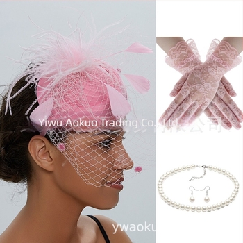 Булчински ретро комплект за глава с пера и фина мрежа, обици и ръкавици — ръчно изработен, за жена, 5463 комплекти