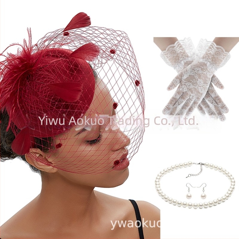 Булчински ретро комплект за глава с пера и фина мрежа, обици и ръкавици — ръчно изработен, за жена, 5463 комплекти