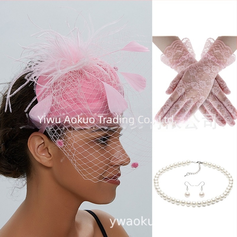 Булчински ретро комплект за глава с пера и фина мрежа, обици и ръкавици — ръчно изработен, за жена, 5463 комплекти