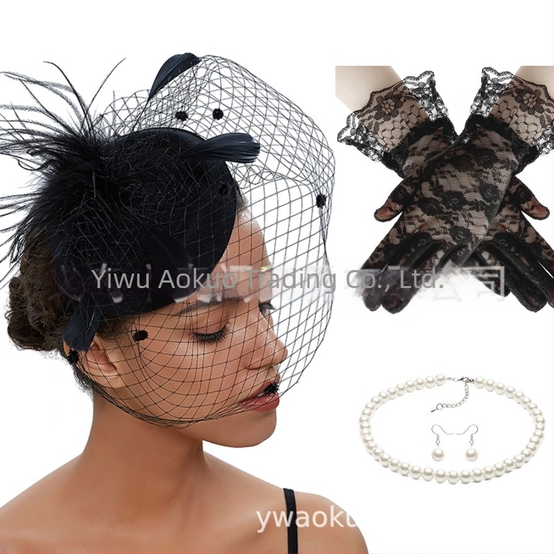 Булчински ретро комплект за глава с пера и фина мрежа, обици и ръкавици — ръчно изработен, за жена, 5463 комплекти