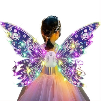 LED светещи пеперудени криле за гърба – детски аксесоар с динамичен светлинен ефект, пластмасов материал, подходящ за деца над 14 г
