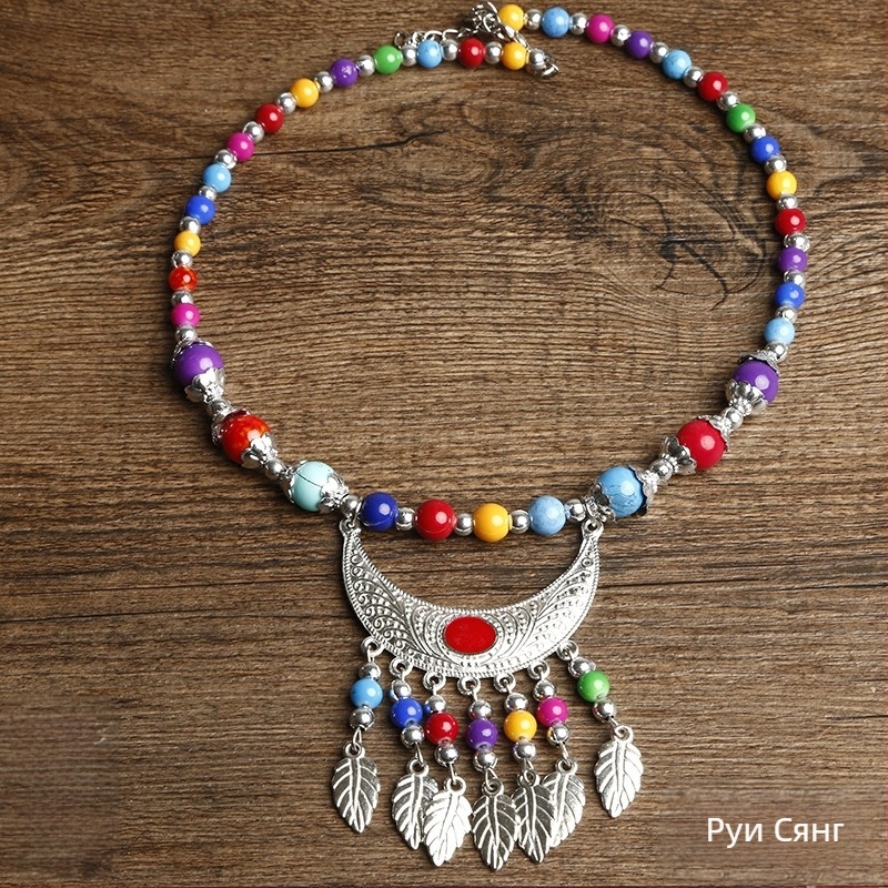 Етно стил колие с яка, материали: плат и смесени материали, марка Confucianism and Yixiang, стил: цветя, произход: Юнан