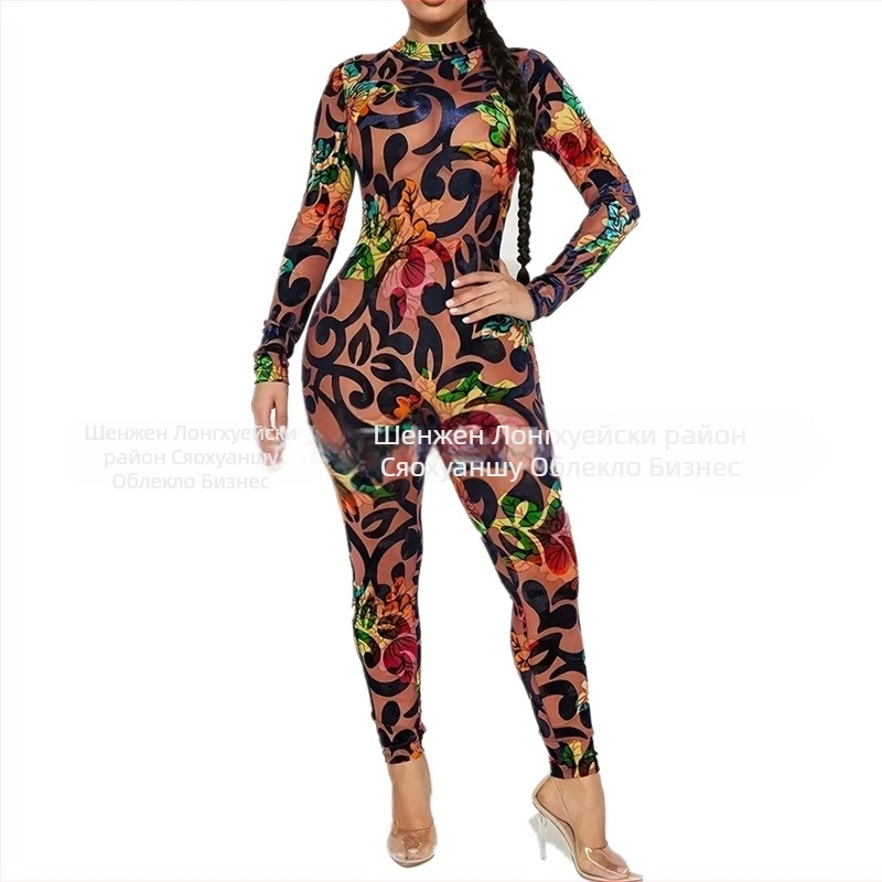 Гащеризон с дълги ръкави, 3D принтиран, стил уличен хипстър, тъкан млечно коприна-полиестер, тесни панталони