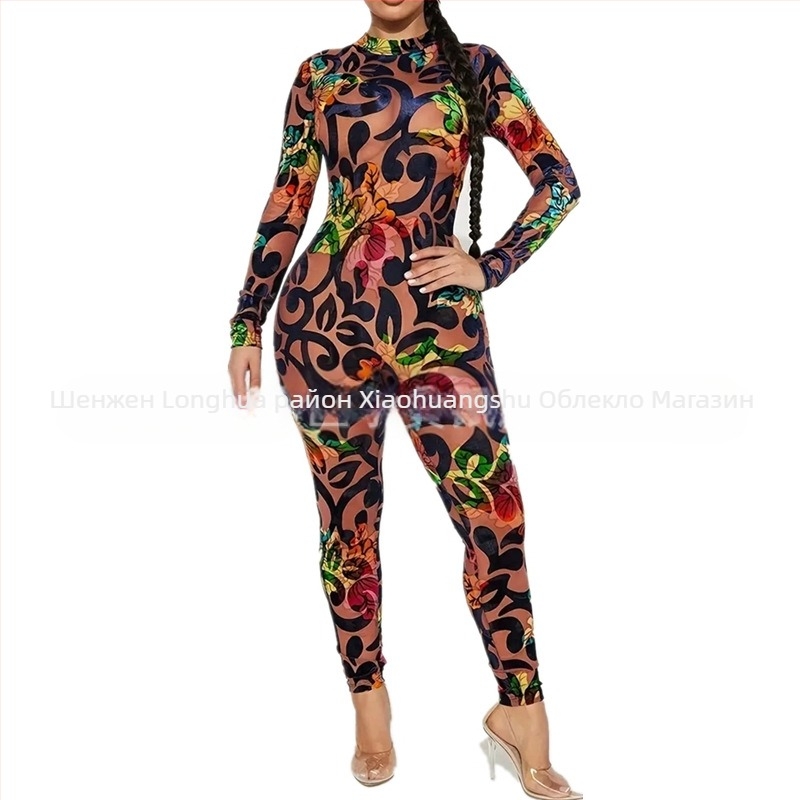 Гащеризон с дълги ръкави, 3D принтиран, стил уличен хипстър, тъкан млечно коприна-полиестер, тесни панталони