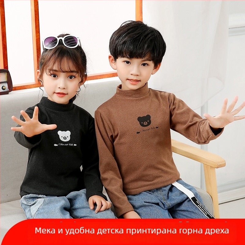 Детски пуловер без качулка с висока яка, дълги ръкави, полиестерова смес, принт с карикатура, за деца 3–8 г, есенно-зимно облекло