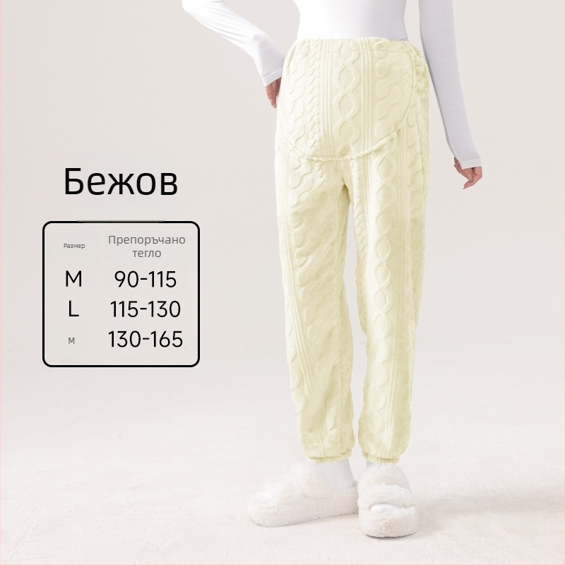 Бременни пижамени панталони с дебел корален флийс, абдоминална опора, свободна кройка, полиестер 95%+, зима 2024