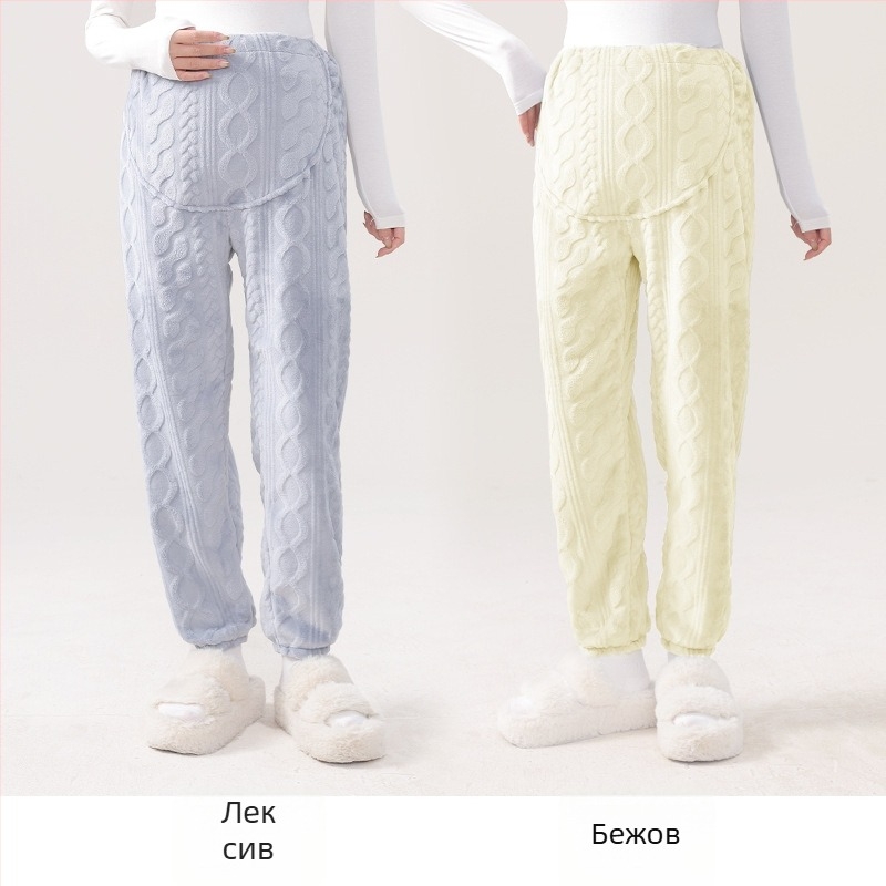 Бременни пижамени панталони с дебел корален флийс, абдоминална опора, свободна кройка, полиестер 95%+, зима 2024