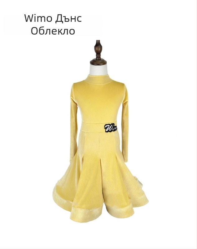 Детски латински танцов костюм от бархат със V-образно деколте, дълъг ръкав, разделен комплект