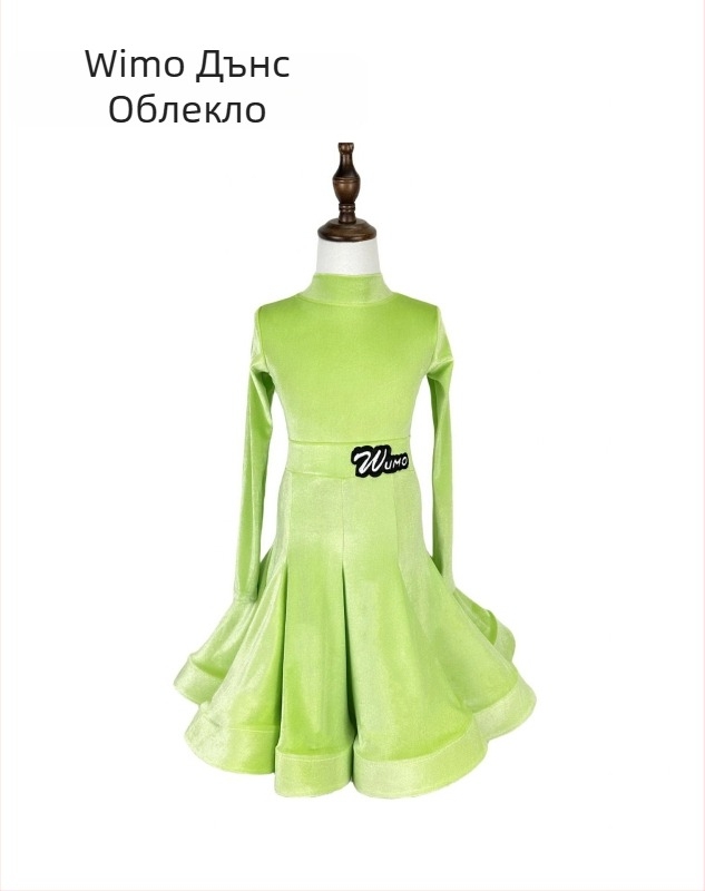 Детски латински танцов костюм от бархат със V-образно деколте, дълъг ръкав, разделен комплект