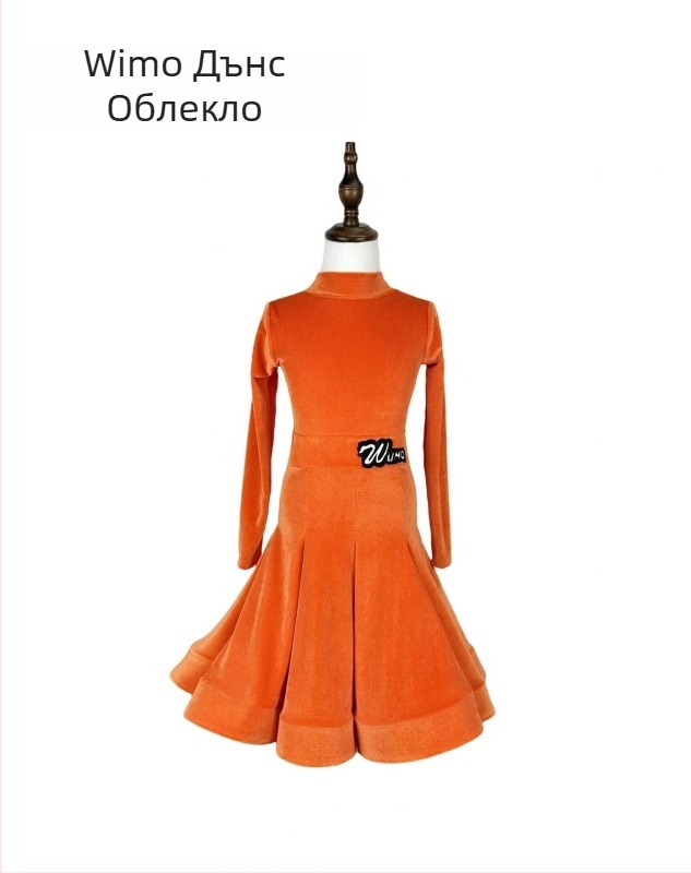 Детски латински танцов костюм от бархат със V-образно деколте, дълъг ръкав, разделен комплект