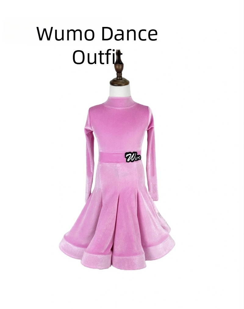 Детски латински танцов костюм от бархат със V-образно деколте, дълъг ръкав, разделен комплект