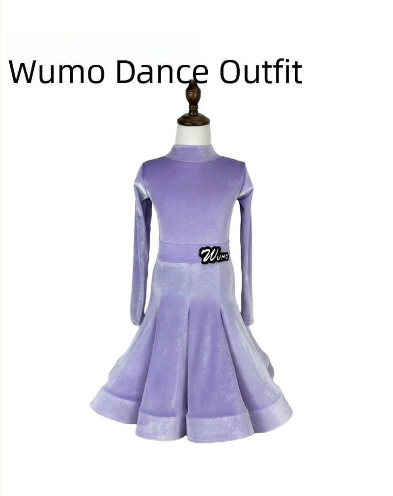 Детски латински танцов костюм от бархат със V-образно деколте, дълъг ръкав, разделен комплект