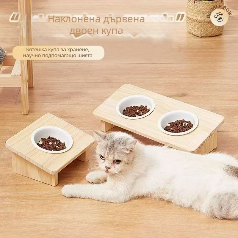 Дървена котешка купа за храна, ръчно хранене, 1 бр.