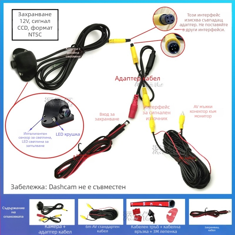 Камера за слепи зони на автомобил с дясна гледка и преден/заден страничен изглед, 12V, 360° настройка, резолюция 480×272, AV сигнал, 6W