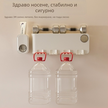 Държач за четки за зъби, стенен монтаж, без пробиване, пластмасов, слот за паста