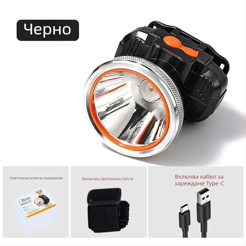 LED челник с презареждаема батерия 2000mAh, мощност 1W/3W/5W, ръчно задвижване, глава за риболов и къмпинг, зарядно включено, обхват до 500 м