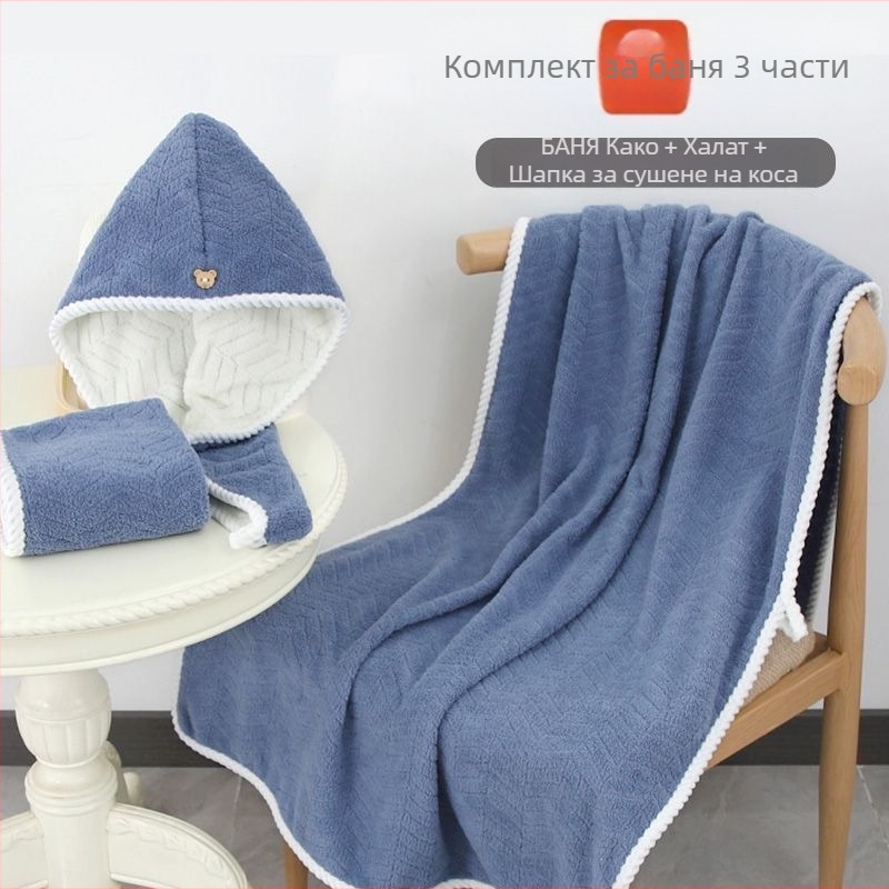 Комплект от три кърпи за баня с капак за сушене на коса - корална флис, 350 г, бързосъхнещи, висока попивност, без разпад
