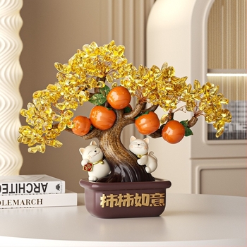 Смолна бюро-украса: дърво за богатство, хурма и котка Рюи (Материал: смола; Марка: Guanjun; Категория: изделия от смола; Стил: модерен минимализъм)