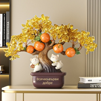Смолна бюро-украса: дърво за богатство, хурма и котка Рюи (Материал: смола; Марка: Guanjun; Категория: изделия от смола; Стил: модерен минимализъм)