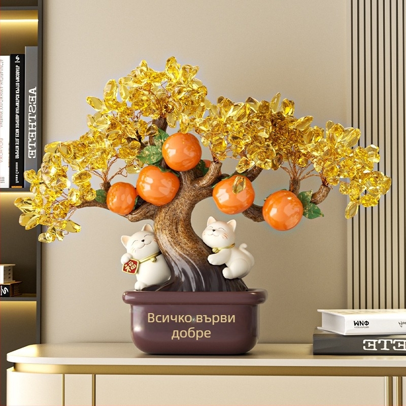 Смолна бюро-украса: дърво за богатство, хурма и котка Рюи (Материал: смола; Марка: Guanjun; Категория: изделия от смола; Стил: модерен минимализъм)