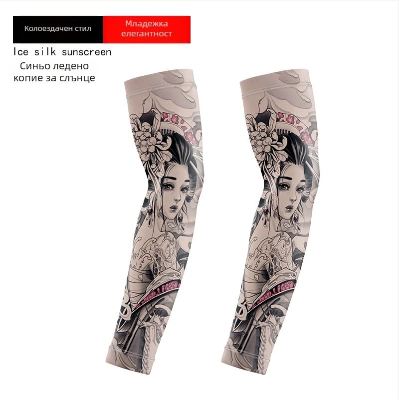 Ръкави за колоездене с дизайн на цветя и татуировка – Ice Silk плат, UV защита, полиестер със спандекс до 10%