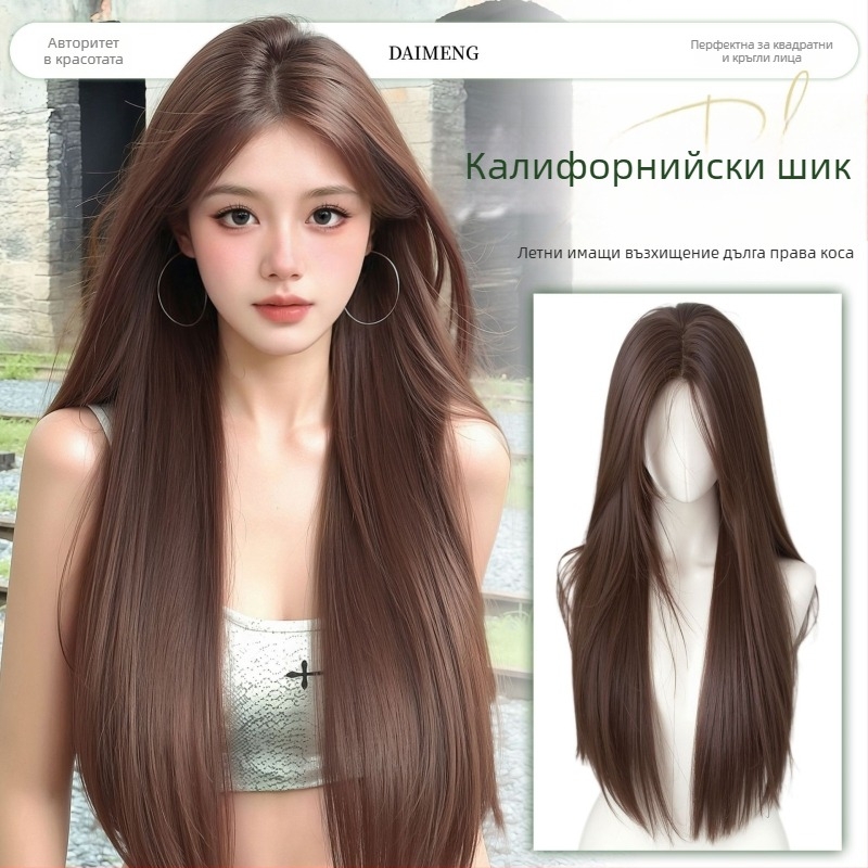 Перука с централно разделение и прави коси, ресни, реалистично скалпово покритие, термоустойчиво влакно, механизъм на изработка